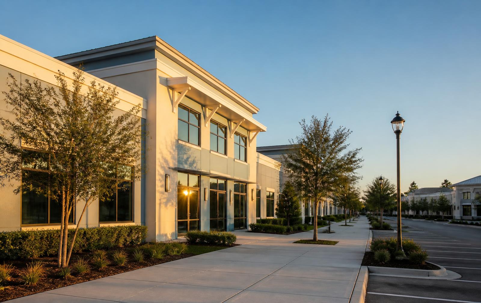 Low-rise professional office buildings in a Florida Gulf Coast business district at golden hour